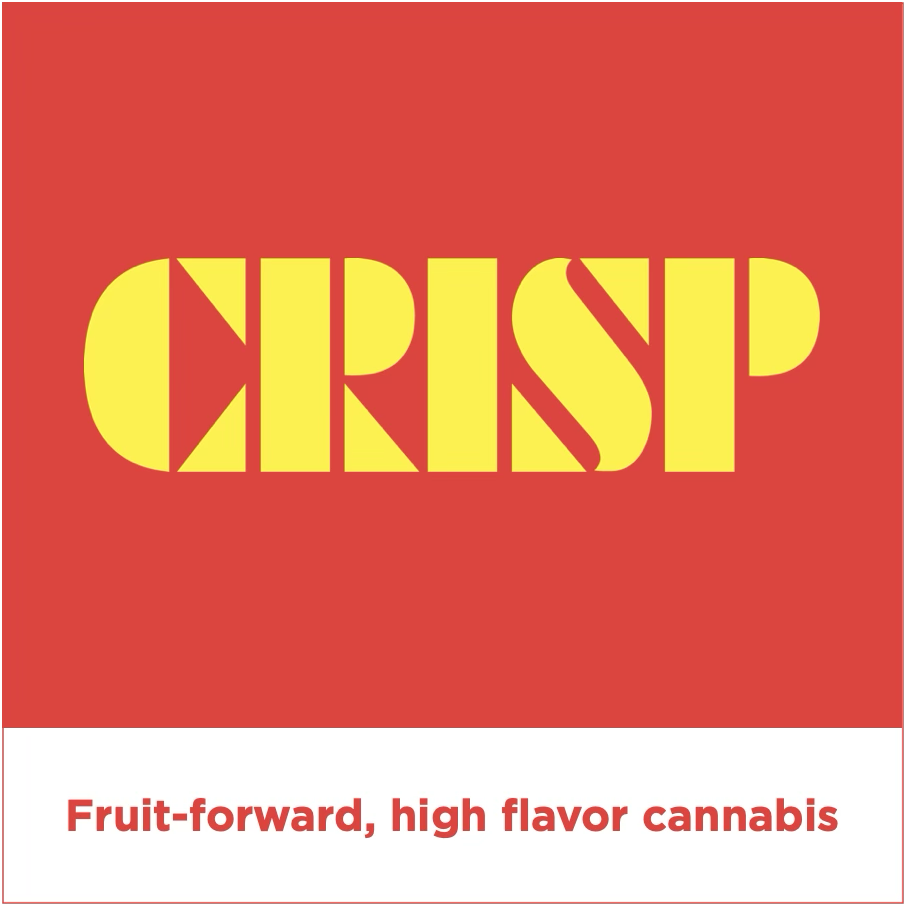 A red and yellow cannabis product label with the word 'Crisp' in large, stylized yellow letters and the slogan 'Fruit-forward, high flavor cannabis' in red text on a white background.