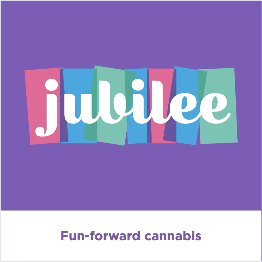 Colorful graphic with the word 'jubilee' in large white letters on a purple background, with a subtitle 'Fun-forward cannabis'.