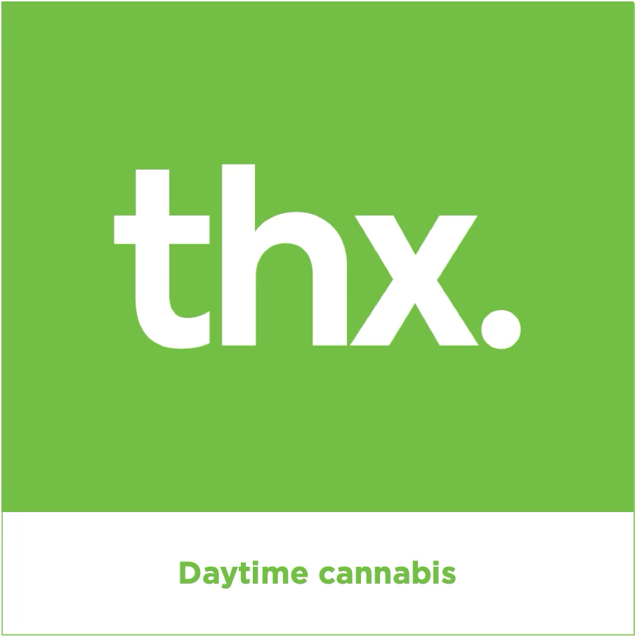 Green package with large white text reading 'thx.' and smaller text below that says 'Daytime cannabis'.