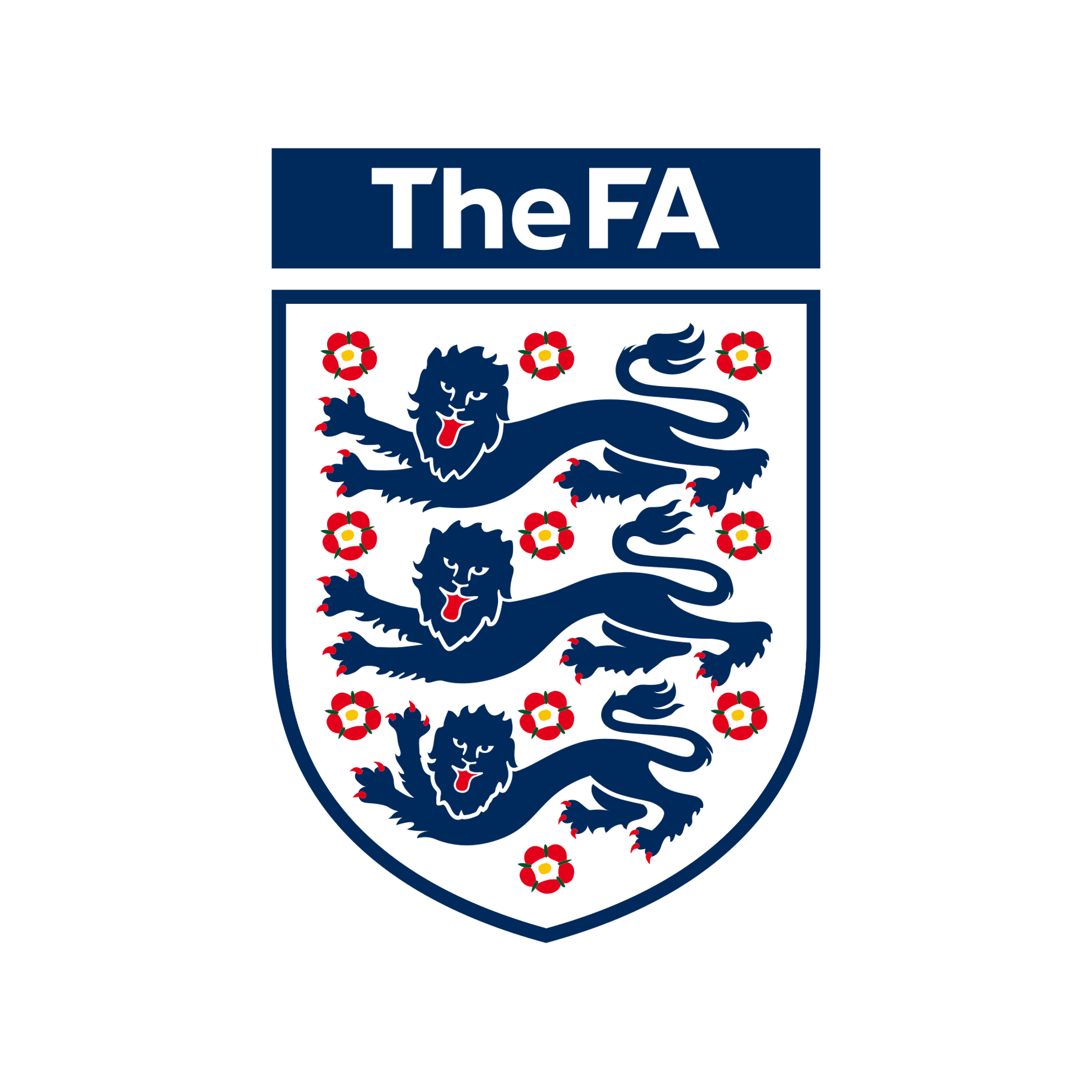 The England national football team logo featuring three blue lions surrounded by red roses.