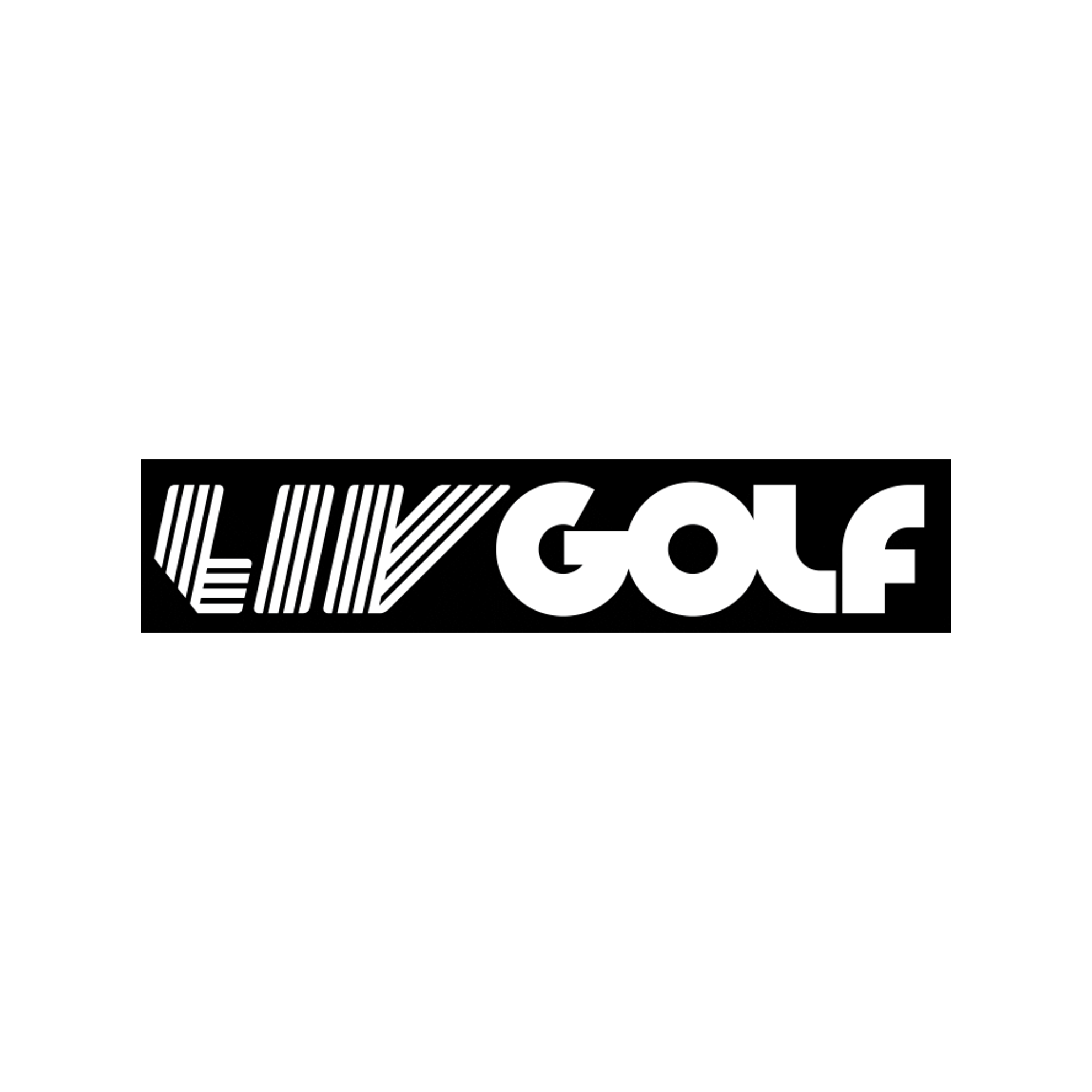 Black background with white stylized text for Liv Golf logo with abstract lines.