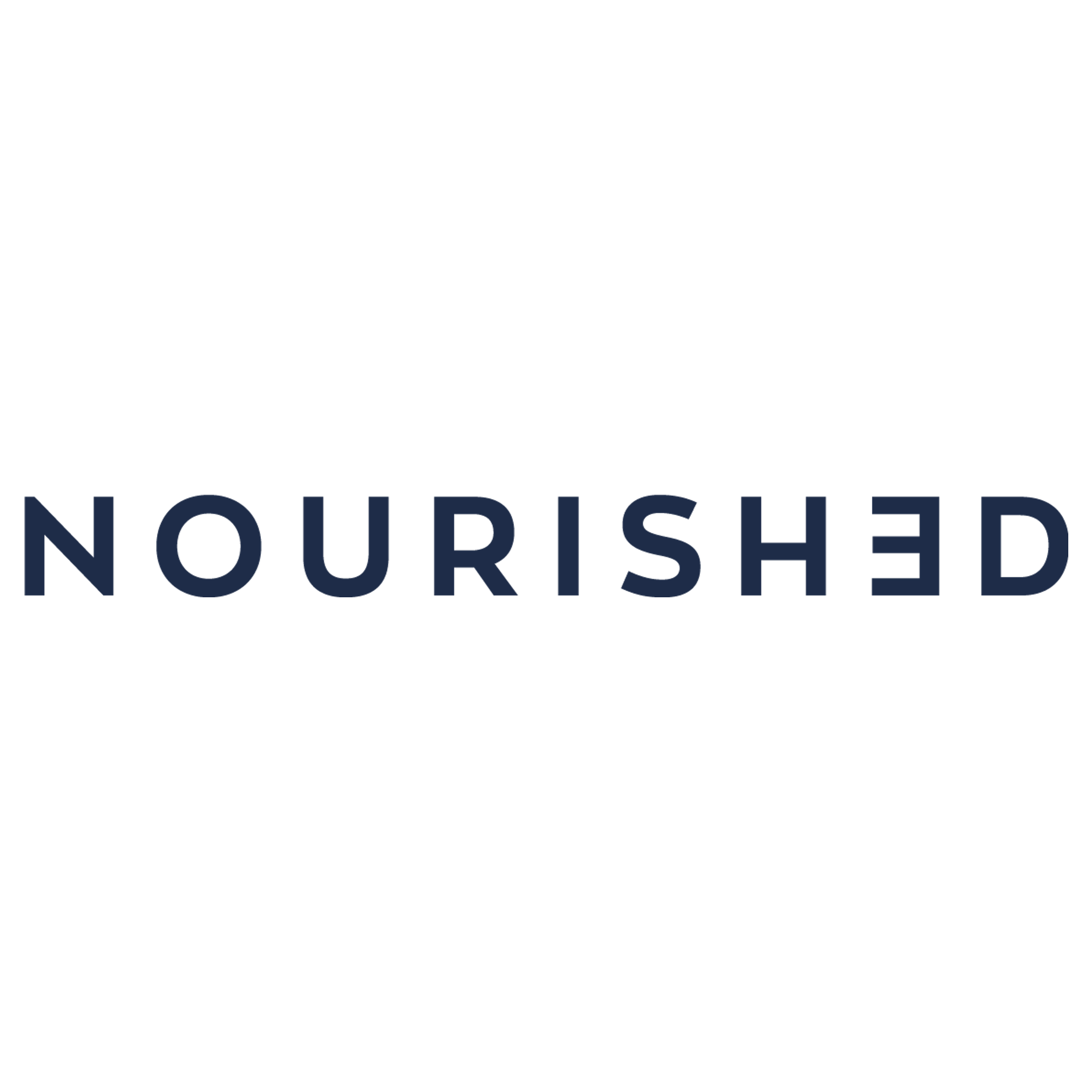 Logo for 'NOURISHED' in dark blue uppercase letters