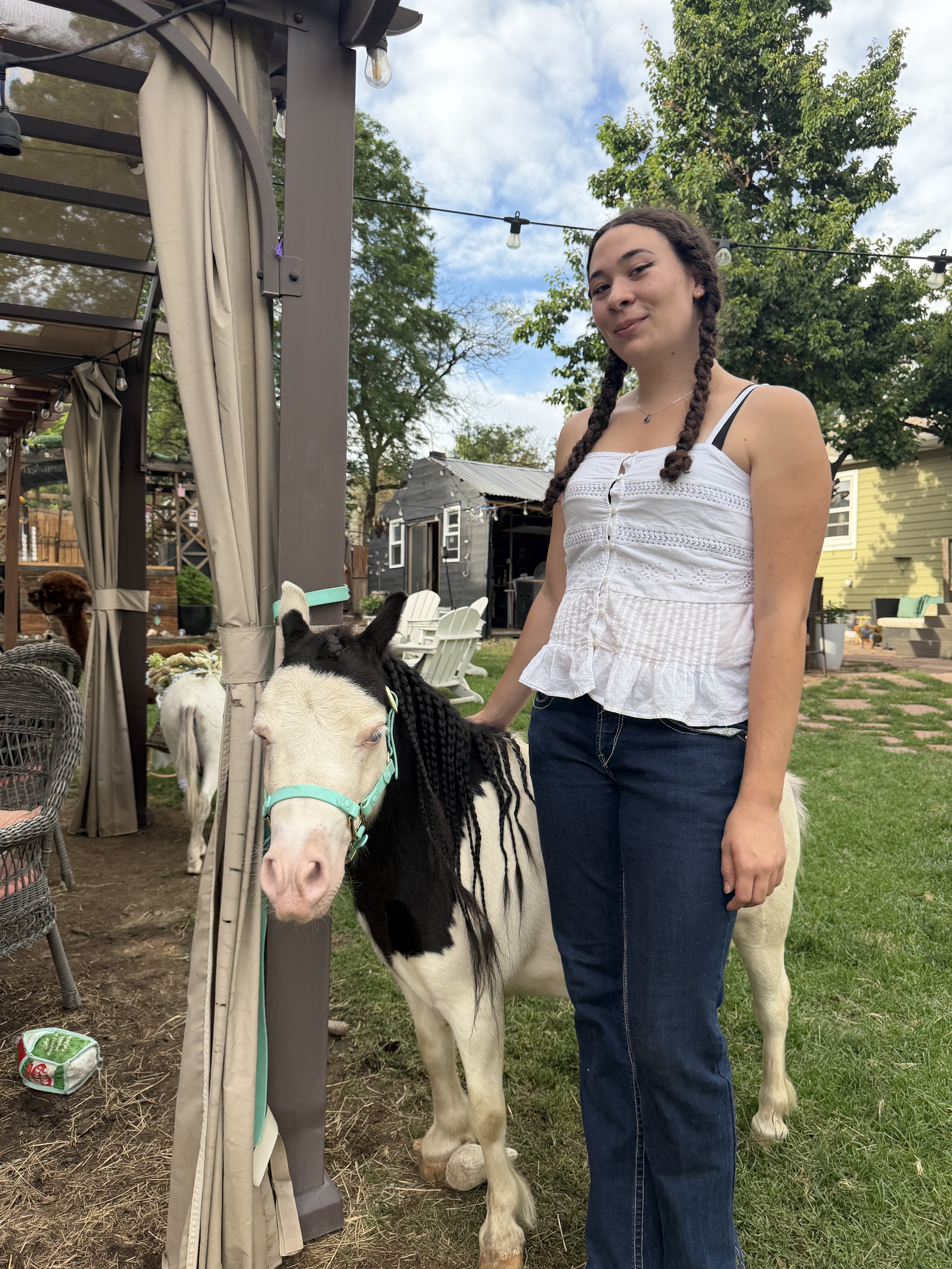 A young woman with braid hair is standing outside in a backyard, smiling slightly, standing next to a black and white horse. There are trees, a yellow house, and outdoor furniture in the background, and a string of lights overhead.