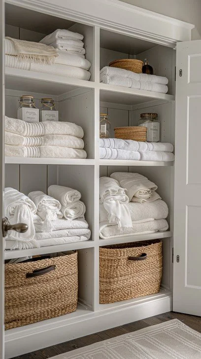 White storage cabinet filled with neatly folded white towels and linens, glass jars, and woven baskets, with the door partially open.
