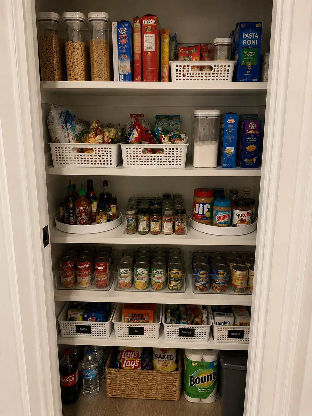 Organized pantry with cereal boxes on top shelf, snack bags and sugar on middle shelves, canned soups, vegetables, snacks, and beverages on lower shelves.