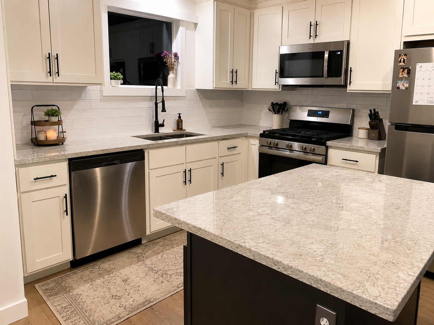 Modern kitchen with white cabinets, stainless steel appliances, granite countertops, a window with flowers, and decorative items.