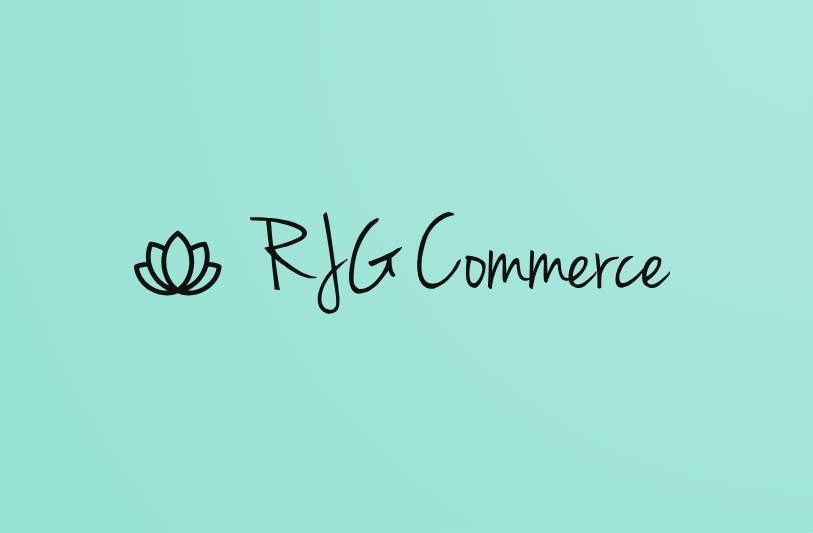 Logo with a lotus flower icon and the text 'RJG Commerce' on a light green background.
