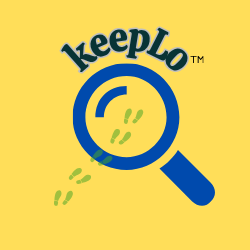 Logo for Keeplo featuring a blue magnifying glass and a yellow background