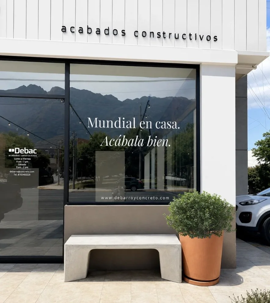 Storefront window with the words 'Mundial en casa. Acábala bien.' and 'Acabados constructivos' on the building, a potted plant, and a concrete bench outside.