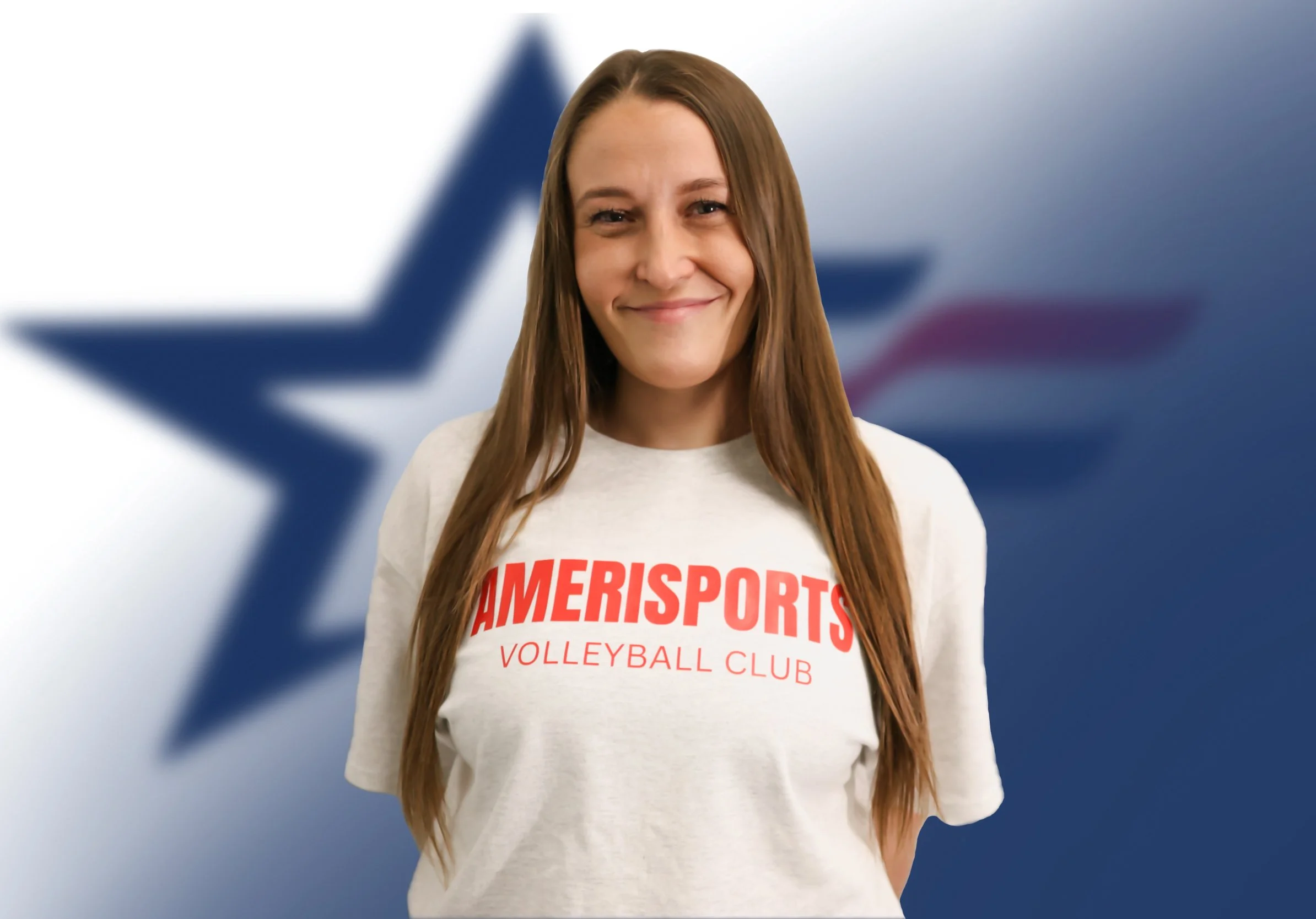 Young woman with long brown hair smiling, wearing a white sweatshirt with red text that reads "AMERISPORTS VOLLEYBALL CLUB," standing in front of a blurred background with a large blue star.