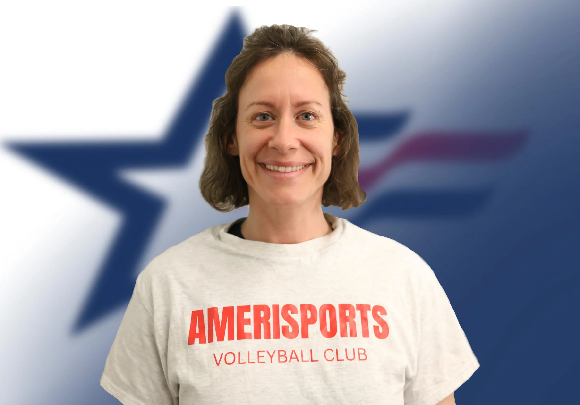 Young woman with short brown hair smiling, wearing a white sweatshirt with red text that reads 'AMERISPORTS VOLLEYBALL CLUB,' standing in front of a blurred background featuring the Texas state flag.