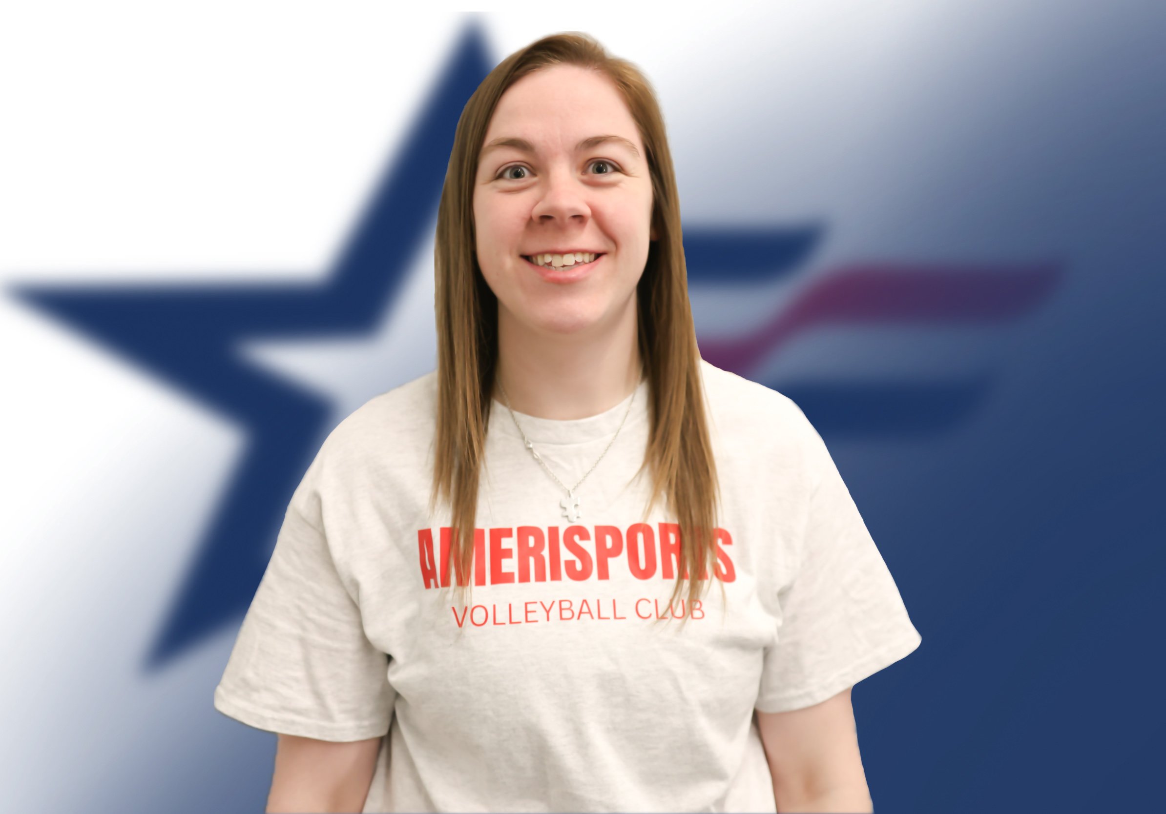 A young woman with long brown hair wearing a gray T-shirt with red text that reads 'AmerSports Volleyball Club' standing in front of a background with a large blue star and red stripes.