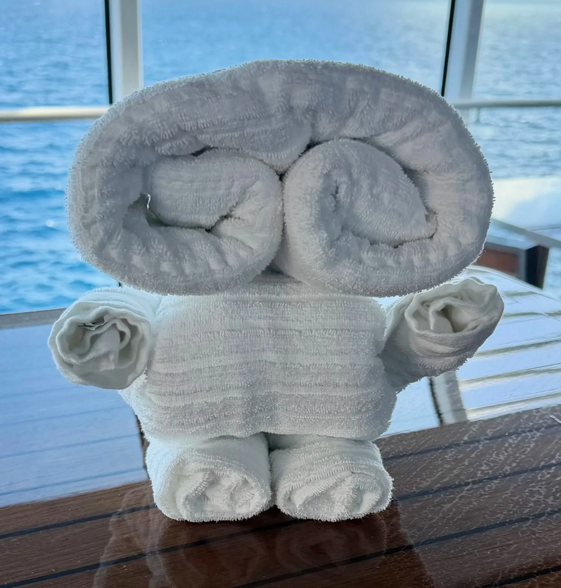 A roll of white towel and two smaller rolled towels on a dark wooden surface with ocean water and sky visible through glass in the background.