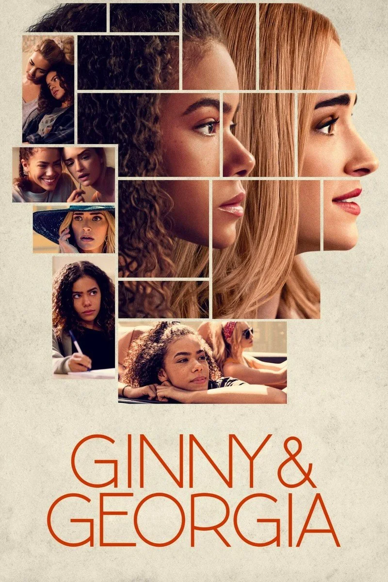 Book cover for 'Ginny & Georgia' featuring a collage of images of two young women with different hairstyles and skin tones, and the title in bold red letters.