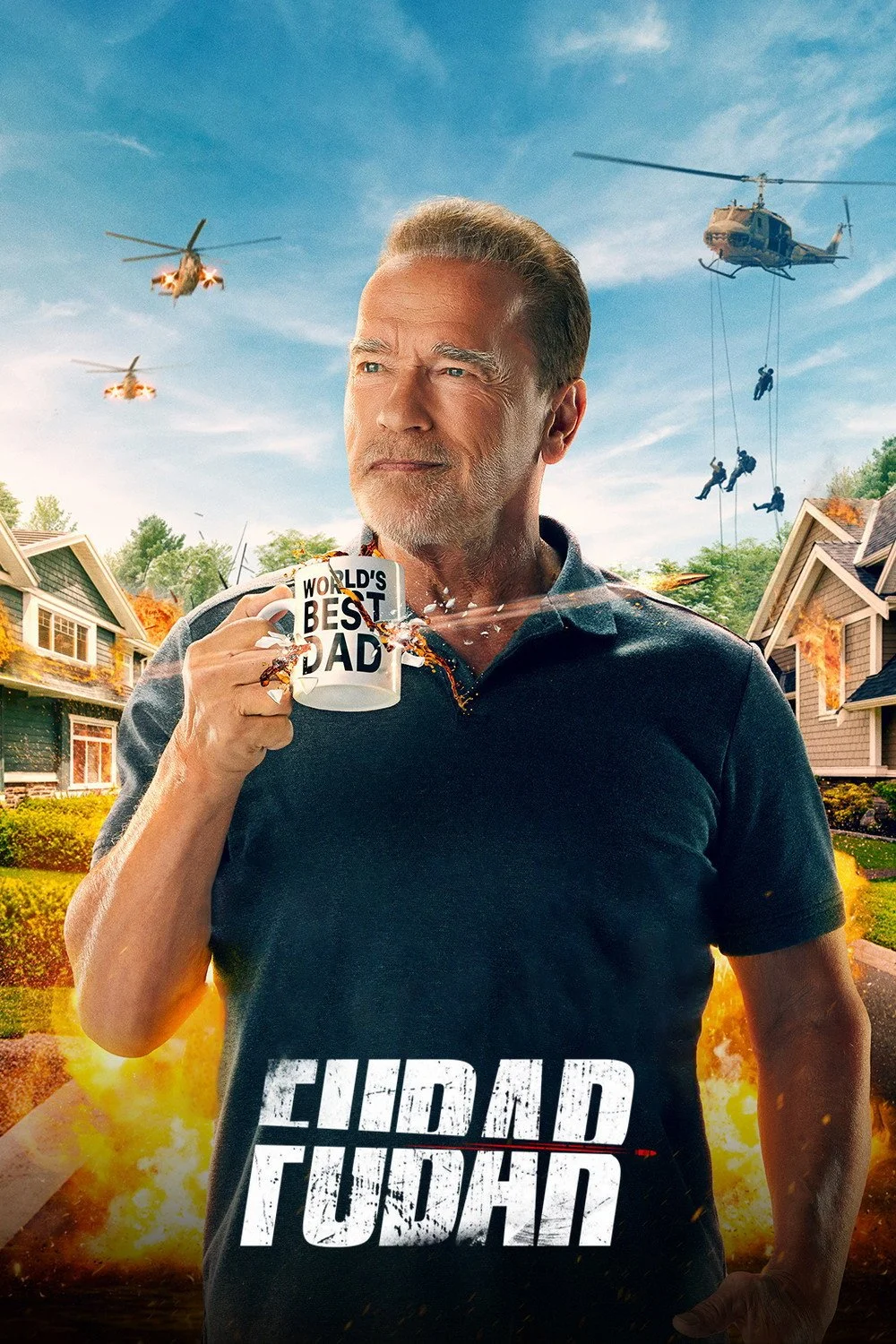 A man holding a mug that says "World's Best Dad" in front of a chaotic scene with helicopters and explosions, with burning houses in the background.