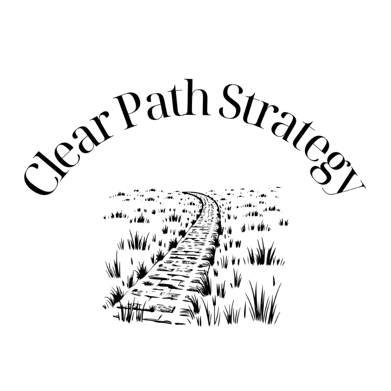 A black and white illustration of a winding brick path through tall grass with the text 'Clear Path Strategy' curved above it.