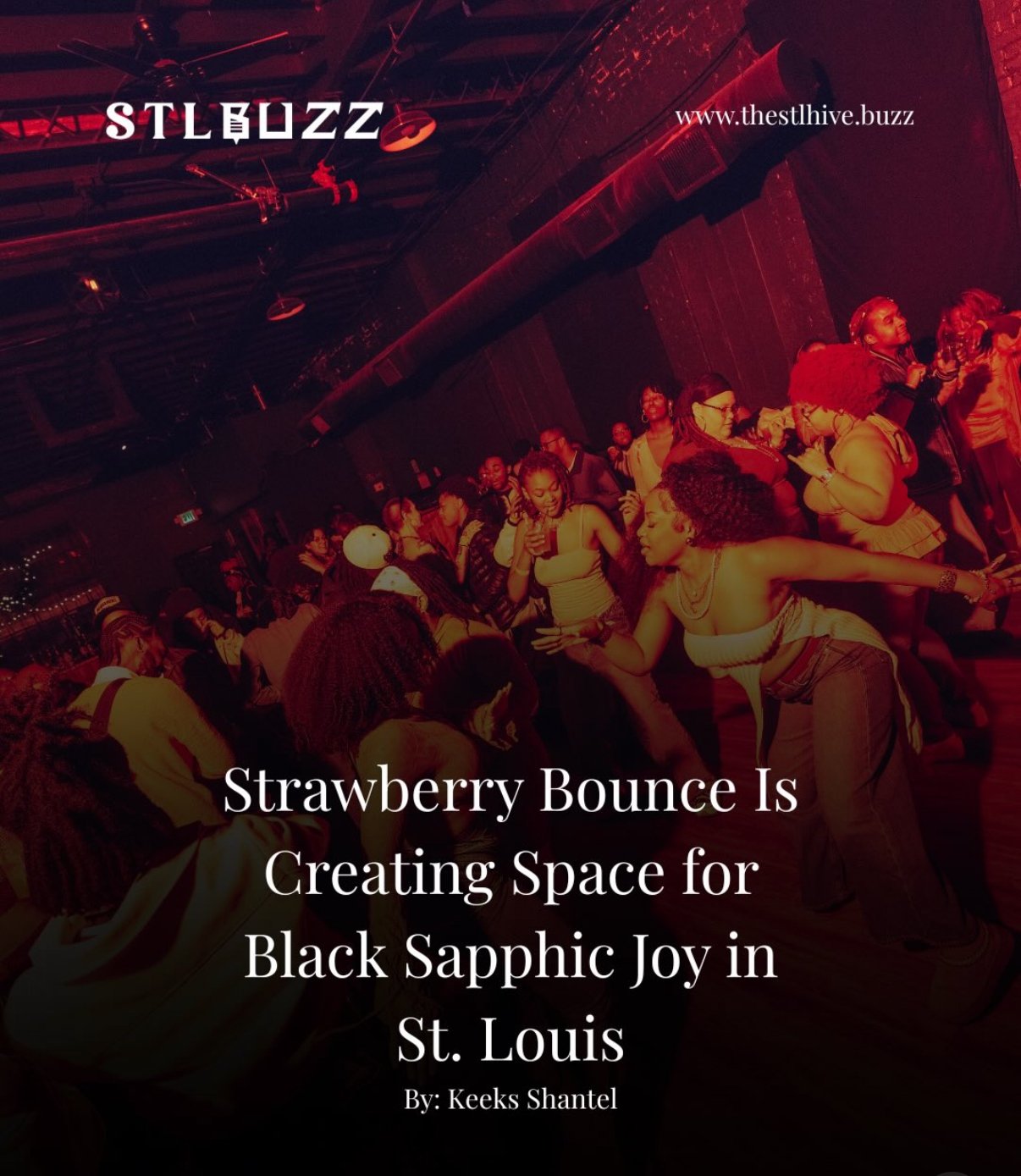 A crowd of people dancing and having fun at a party or event in a dimly lit venue with red lighting, with the overlay text indicating the event is called 'Strawberry Bounce' and taking place in St. Louis.