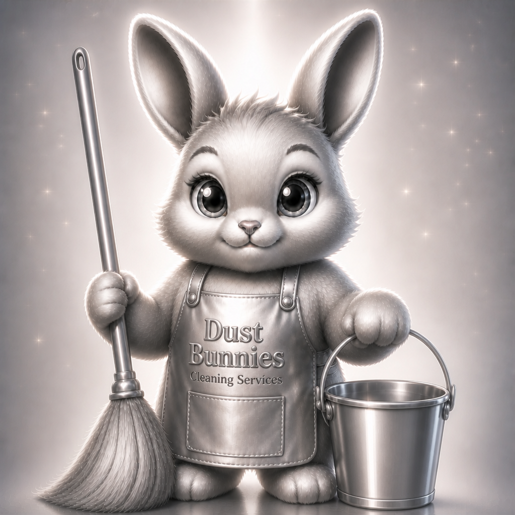 A cute, anthropomorphic bunny from Dust Bunnies Cleaning Services, holding a broom in one paw and a metal bucket in the other, with a sparkly background.
