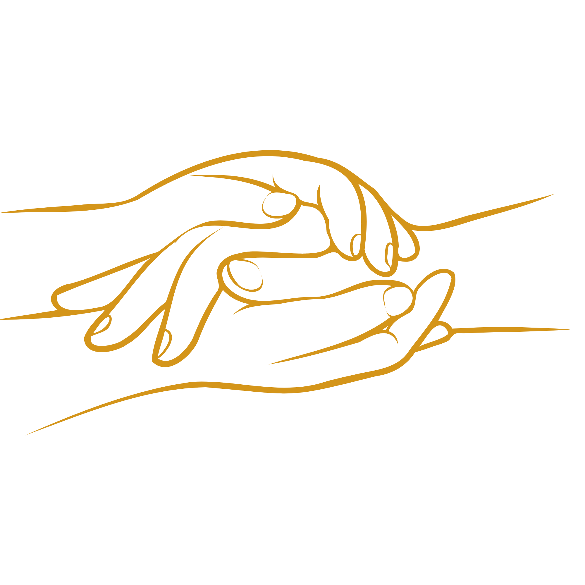 Stylized illustration of a hand holding a sprouting plant with roots visible, designed in gold lines on a black background.