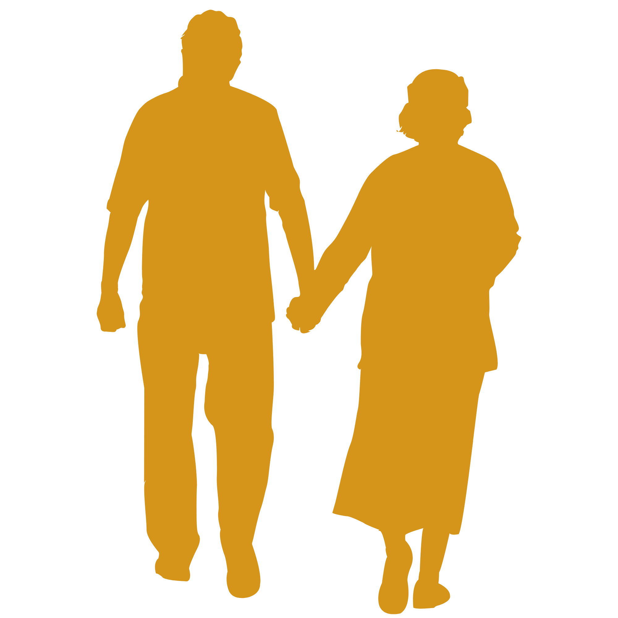Silhouettes of a man and a woman holding hands, solid gold color on black background.