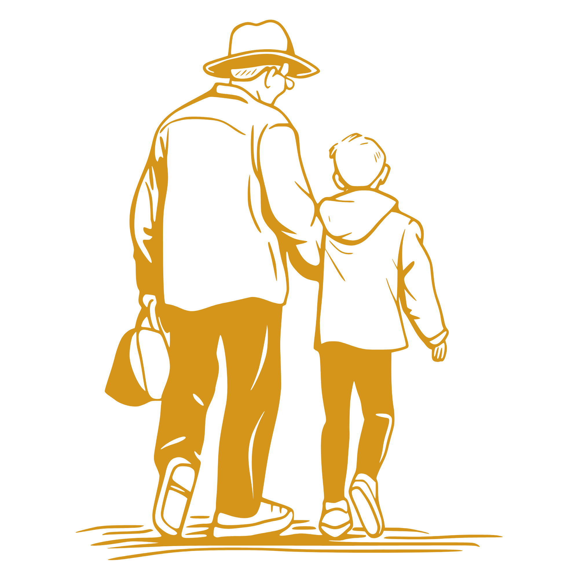A line drawing of a man with a hat, walking with a child, holding the child's hand.