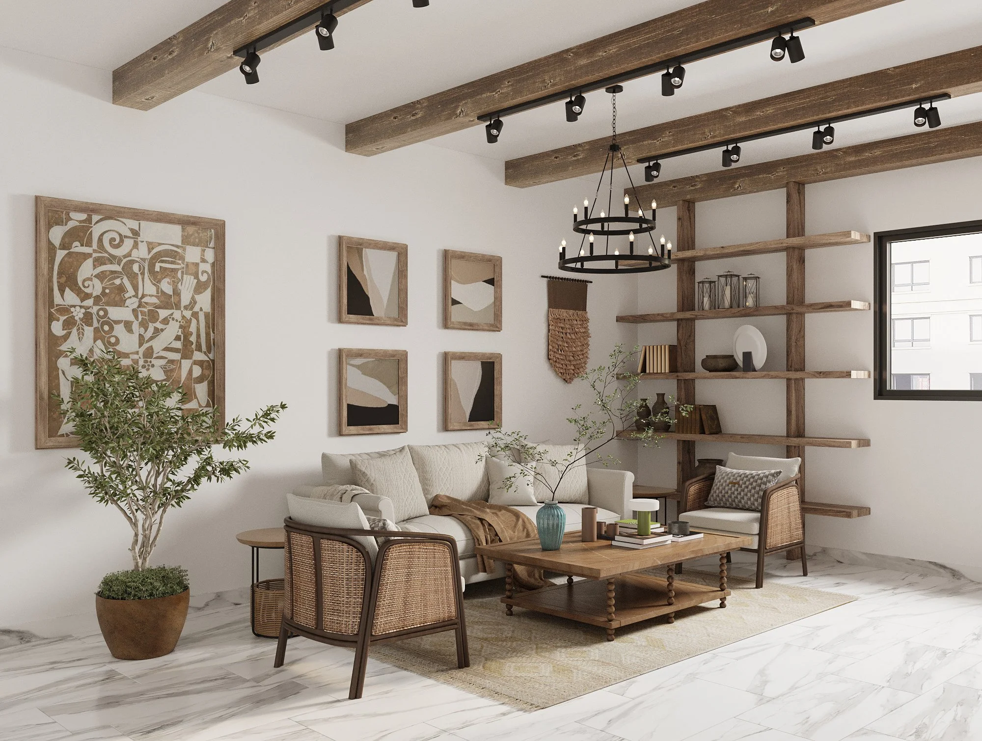 A modern living room with white walls and a wooden beamed ceiling. Decorative artwork hangs on the wall, and a black chandelier with candle-like lights is suspended from the ceiling. There are wooden shelves with decorative items, a window with a cit