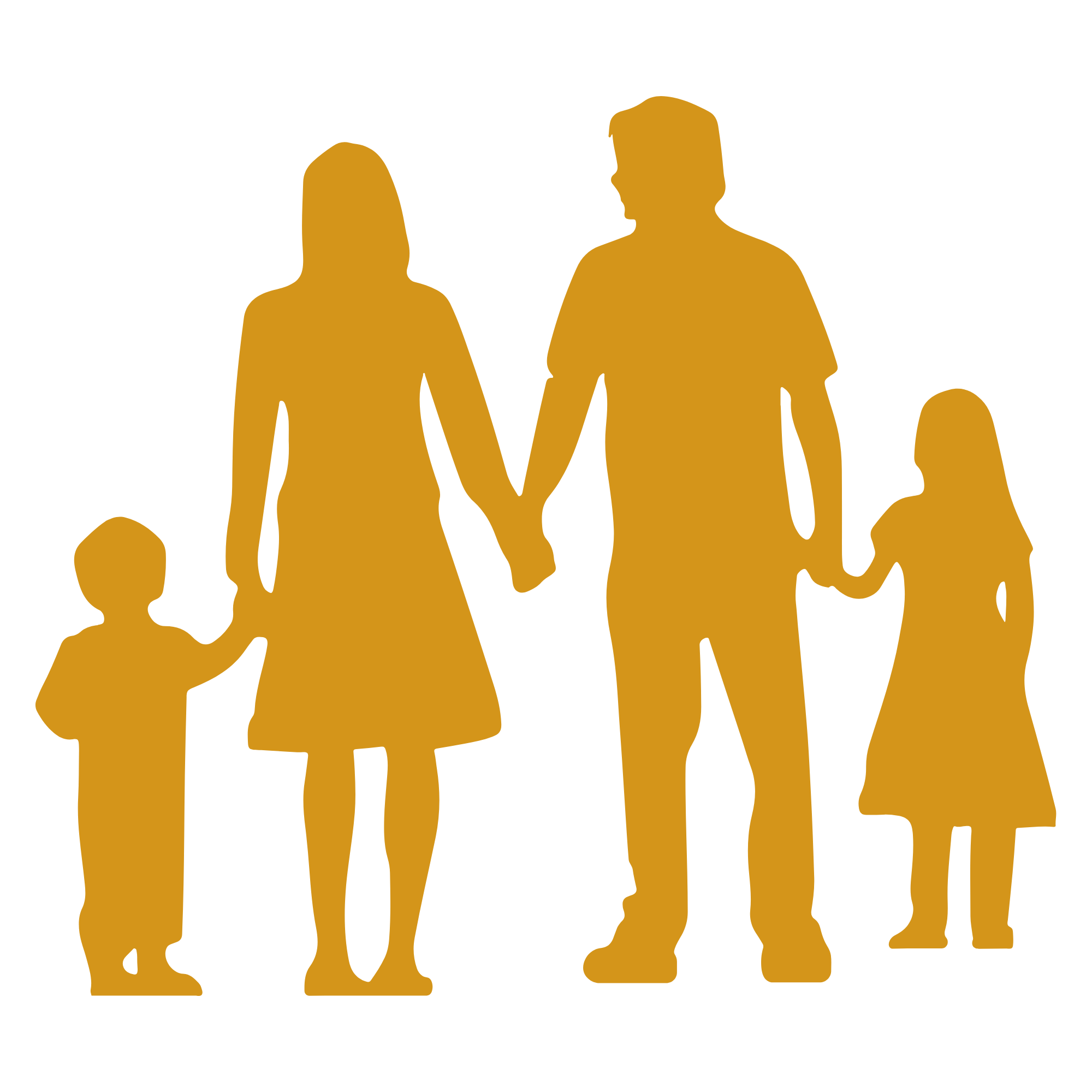 Silhouettes of a woman, a man, and children holding hands.
