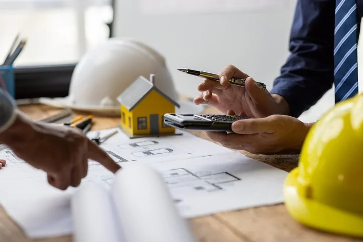 People discussing architectural plans at a construction site with a small model house, a measuring tape, safety helmet, and a hard hat on the table.