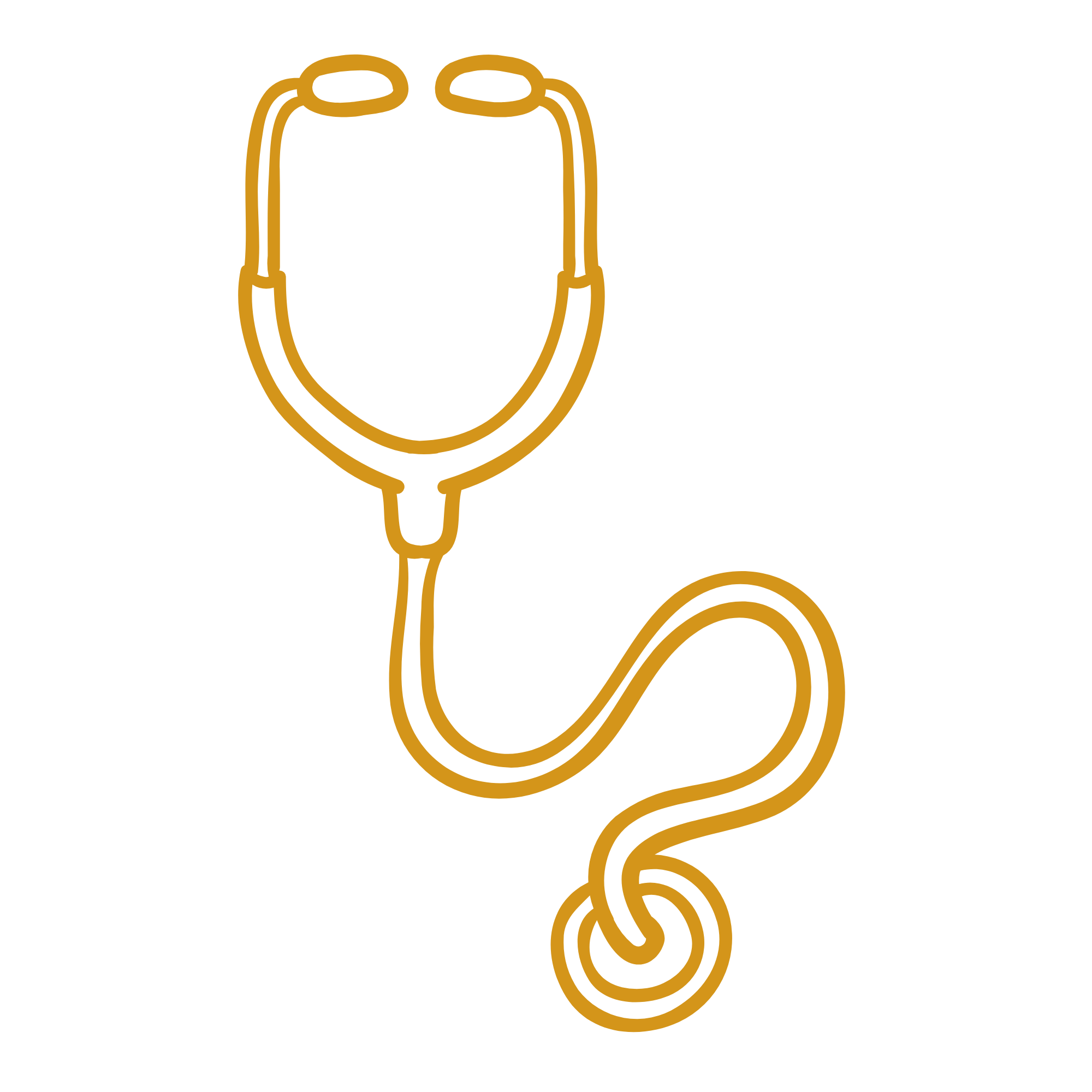 Outline of a stethoscope in gold color on a black background.