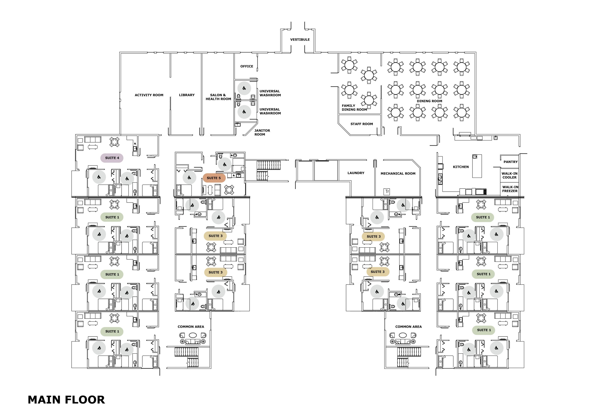 Floor plan of a building's main floor, showing rooms like activity room, library, salon and health room, office, vestibule, dining rooms, staff room, kitchen, pantry, laundry, mechanical room, common areas, and suites.