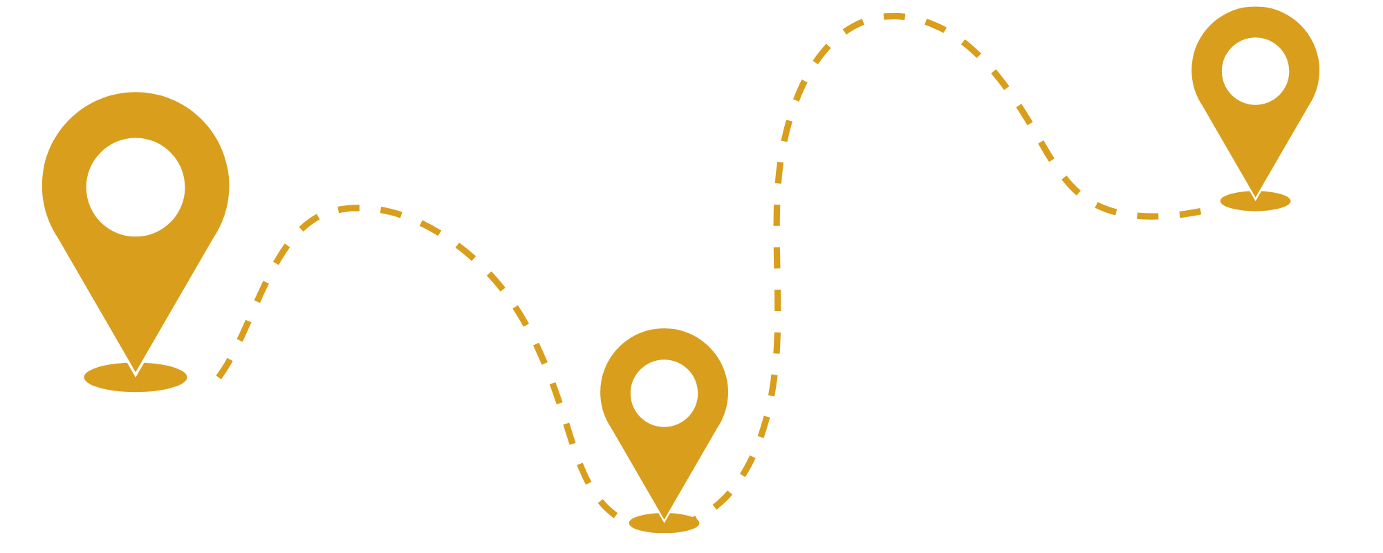 Illustration of a route map with three yellow location markers connected by dashed lines, depicting a journey from start to finish.