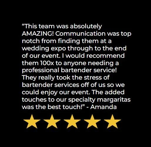 Customer testimonial praise with five gold stars about event staff and bartender service at a wedding expo, signed by Amanda.