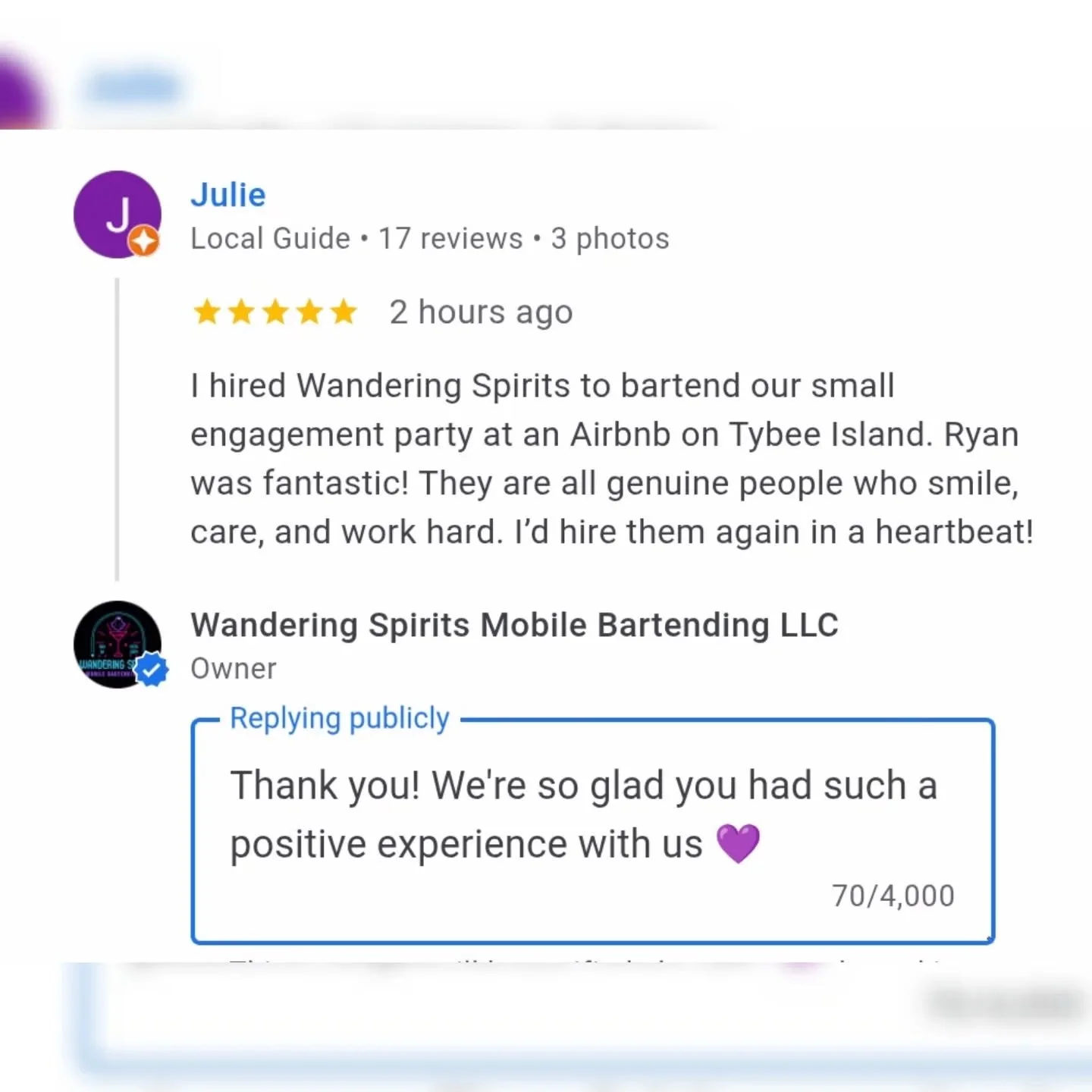 ⭐⭐⭐⭐⭐

Always love to see a happy customer! This was such a fun family gathering celebrating a beautiful couple 💜

For #FiveStarService at your next event, give us a call or inquire on our website! 

#FiveStars #CustomerReview #FiveStarReview #Wande