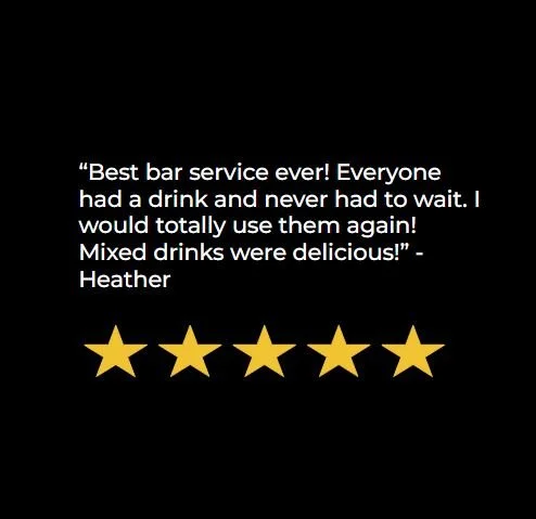 Customer review quote praising bar service, with a five-star rating display beneath it.