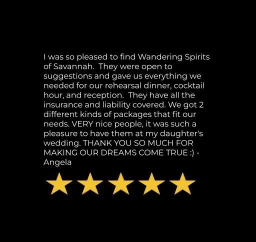 A heartfelt thank you message expressing gratitude to Wandering Spirits of Savannah for their support and services, accompanied by a five-star rating at the bottom.