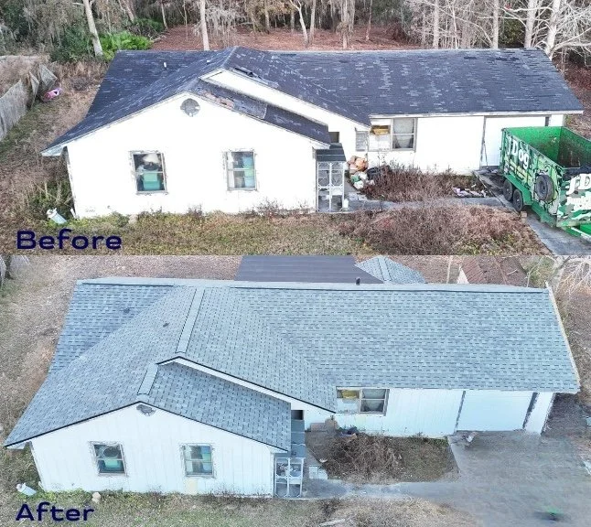 Before and after aerial roof replacement Southeast Georgia — Cal's Roofing