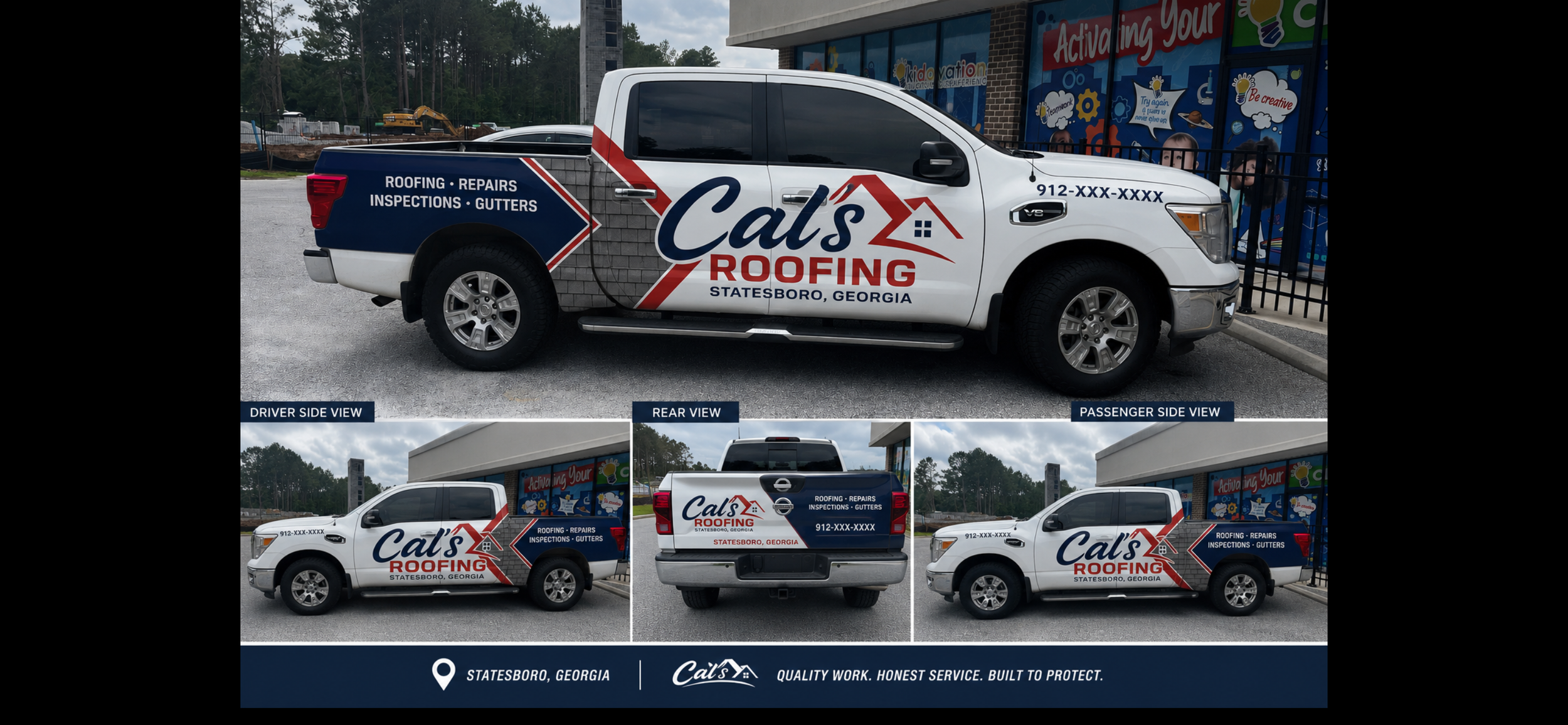 Cal's Roofing wrapped truck serving Statesboro and Southeast Georgia