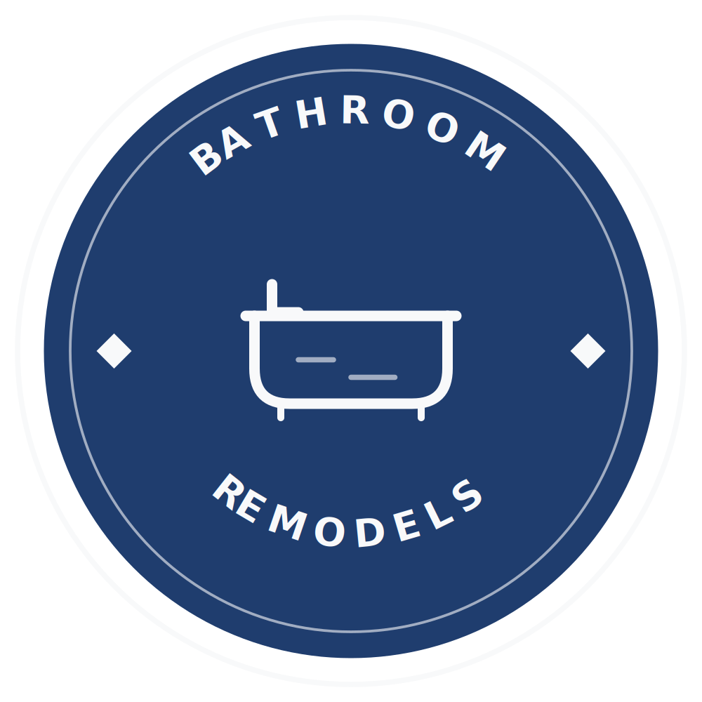 A circular logo for 'Bathroom Remodels' with a bathtub icon in the center.