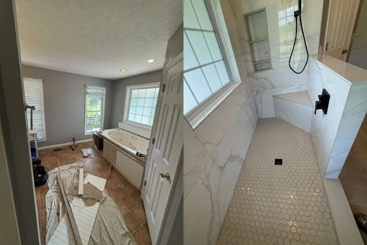 Split view of two bathroom spaces; the left shows an unfinished room with a bathtub, window, and construction materials on the floor, while the right shows a partially renovated shower with marble walls, a window, and a hexagonal tile floor.