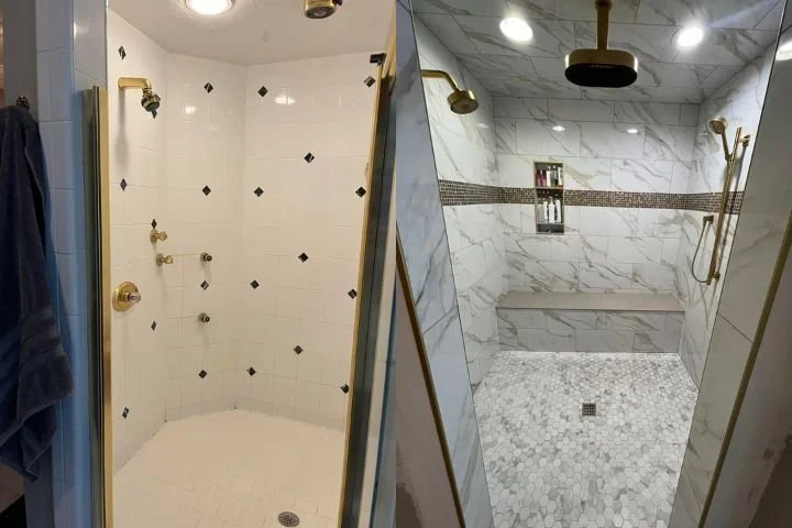 Side-by-side images of two walk-in showers. The left shower has a vintage style with cream tiles and black accents, brass fixtures, and a curved built-in seat. The right shower has a modern design with marble tiles, a mosaic strip, black and brass fixtures, and a tiled bench.