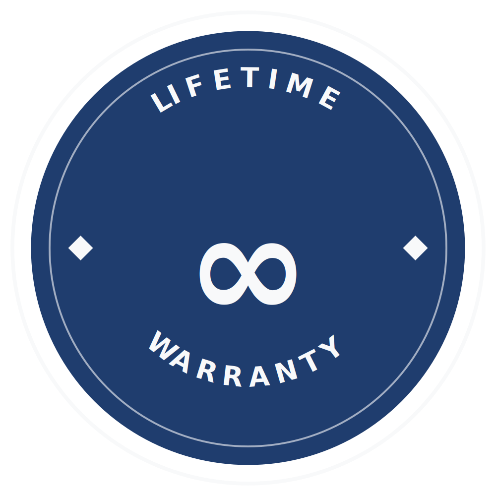A blue circular badge with the words "Lifetime Warranty" written around the top and bottom edges, and an infinity symbol in the center.