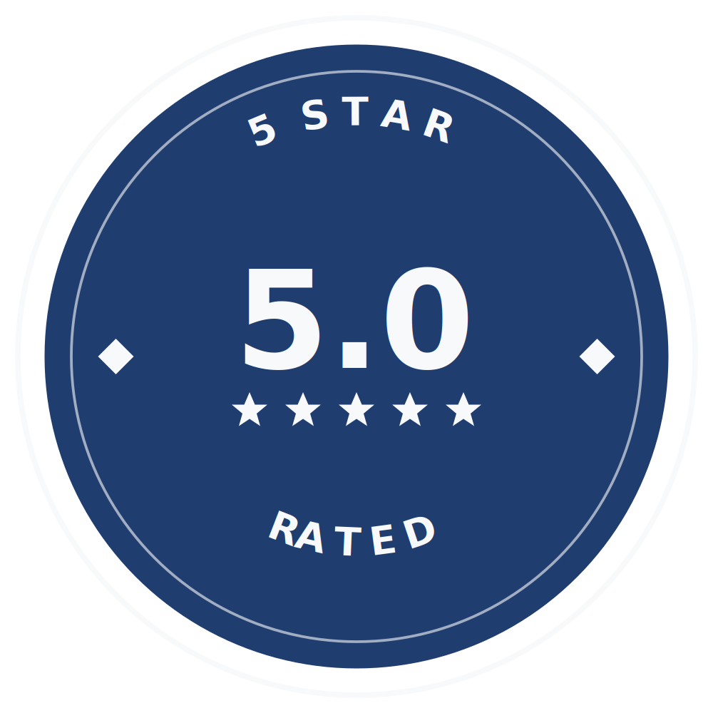 Badge with a blue background, white text reading '5 Star Rated', and a large '5.0' in the center surrounded by five stars.
