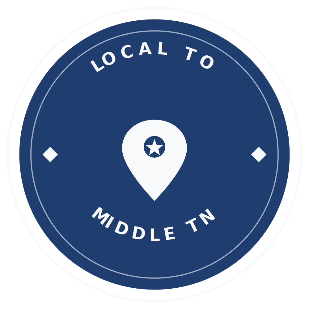 A circular badge with a blue background, featuring a location pin icon in the center with a star inside, and the text 'Local to Middle TN' around it.
