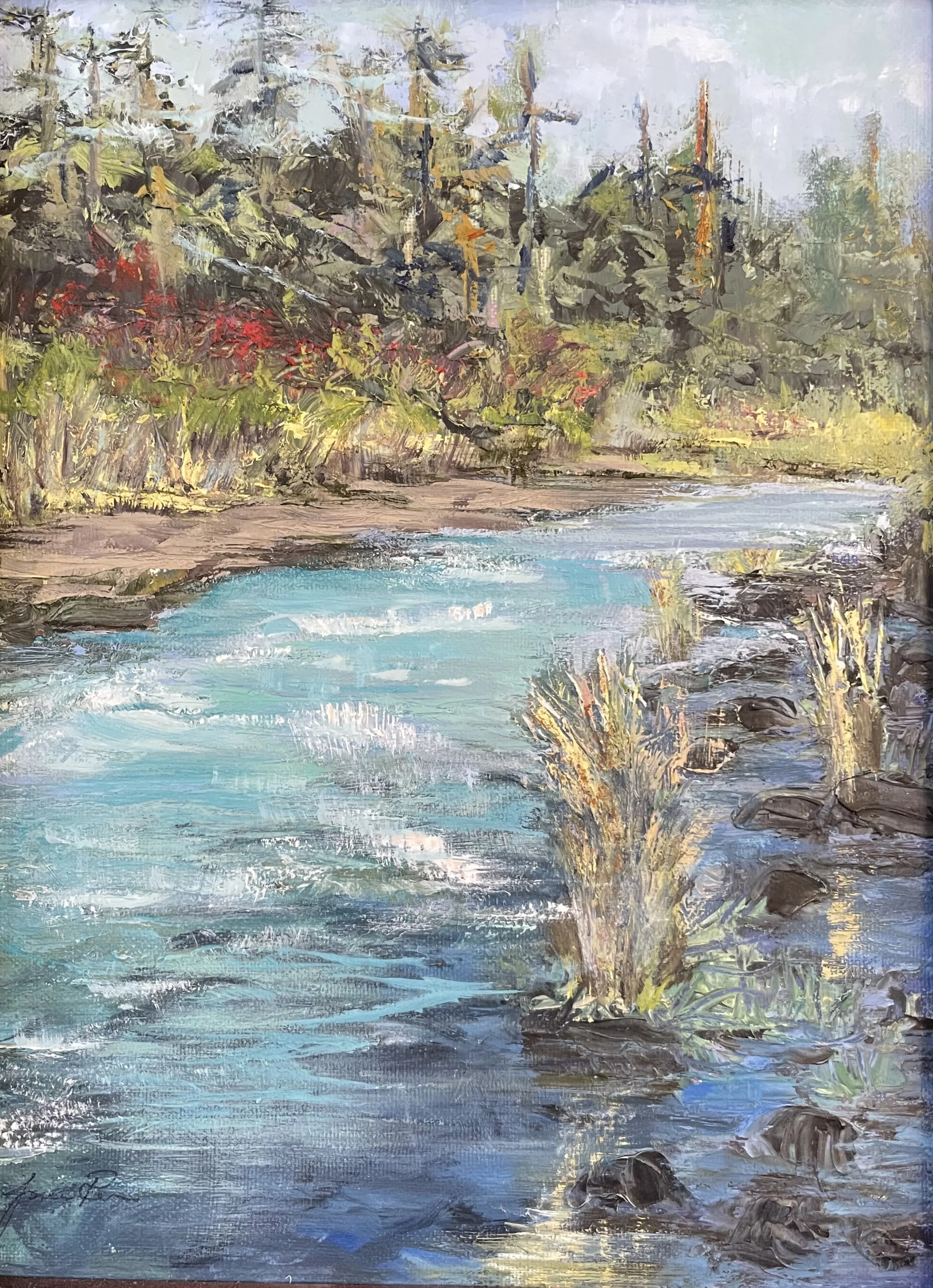 Impressionist-style painting of a peaceful river scene with trees, rocks, and calm water, featuring a cloudy sky.