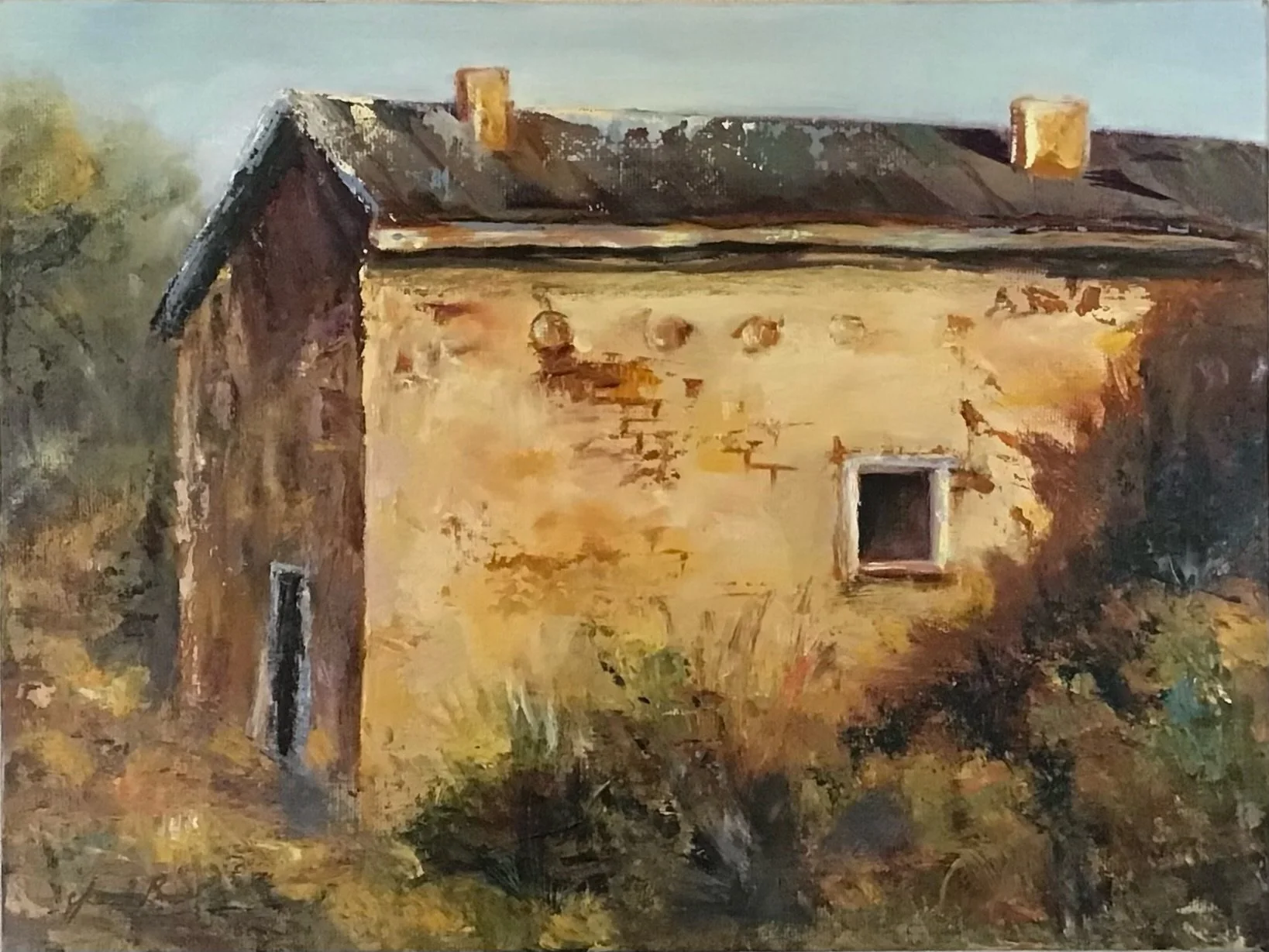 Oil painting of an old, yellow house with a dark roof, surrounded by trees and overgrown foliage.