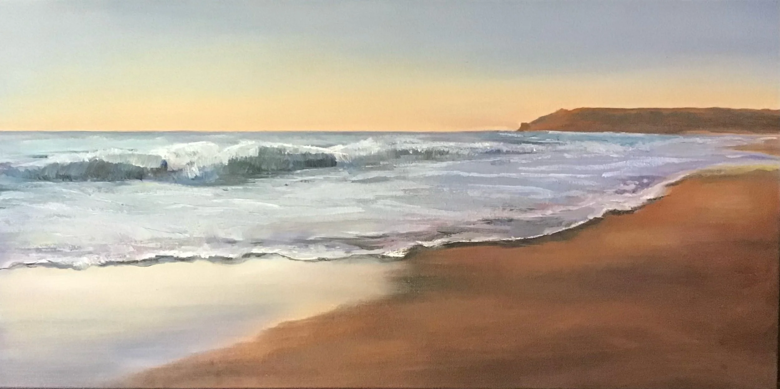 Painting of a beach scene with waves crashing on the shore and a distant landmass, likely during sunset or sunrise.