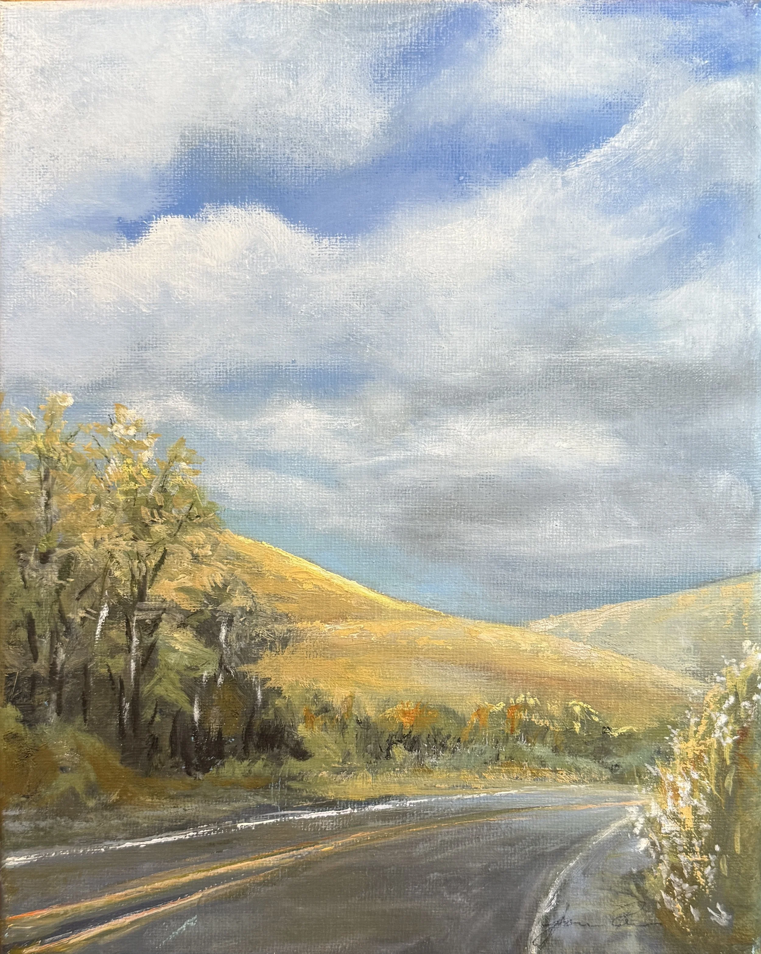 Painting of a landscape with a cloudy sky, green trees, and a yellow road or field.