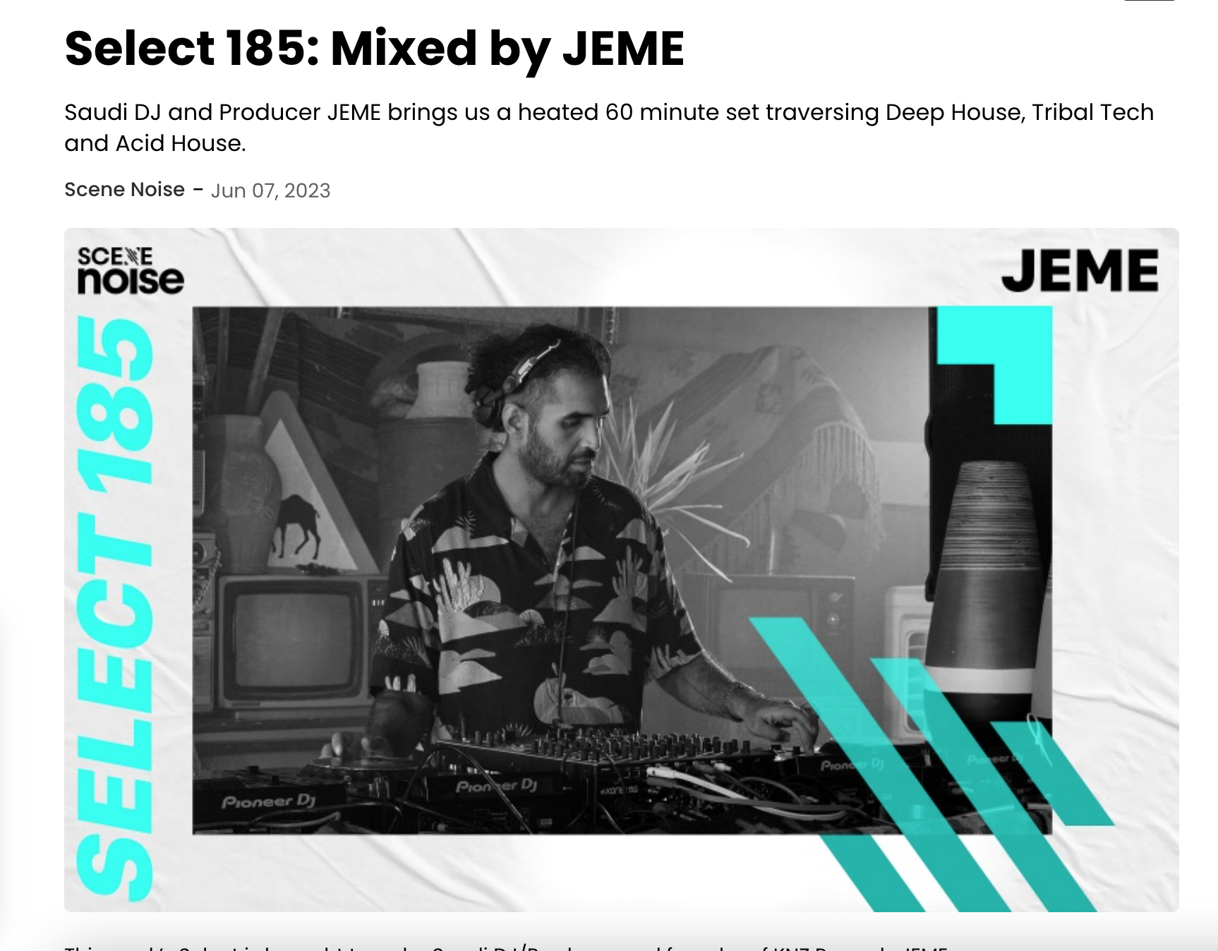 Black and white image of a DJ wearing headphones and a tropical shirt, operating DJ equipment with Pioneer DJ logo, surrounded by vintage electronics and decor.
