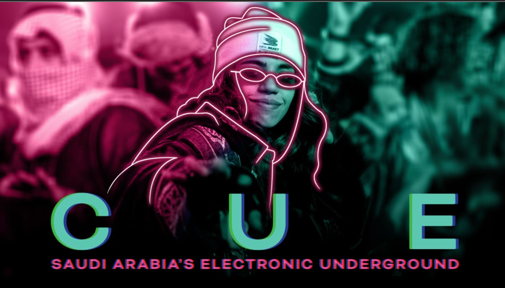 An artistic digital poster featuring a woman wearing a beanie and glasses, surrounded by neon outlines and vibrant colors, with the text "CUE" and "Saudi Arabia's Electronic Underground".