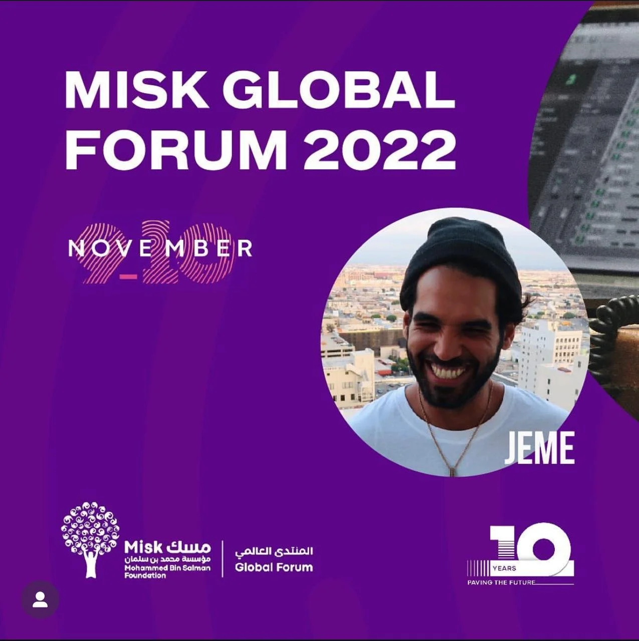 Promotional graphic for the Misk Global Forum 2022, held in November. Features a smiling man with dark hair and a black beanie, cityscape background, and Misk Foundation logo.